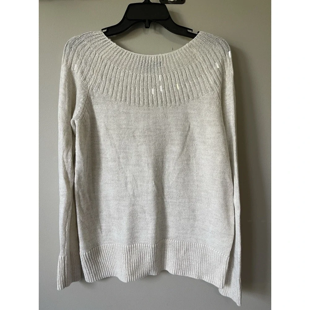 Apt. 9 Womens Cream Sequin Ribbed Boat Neck‎ Metallic Knit Sweater Large Ivory